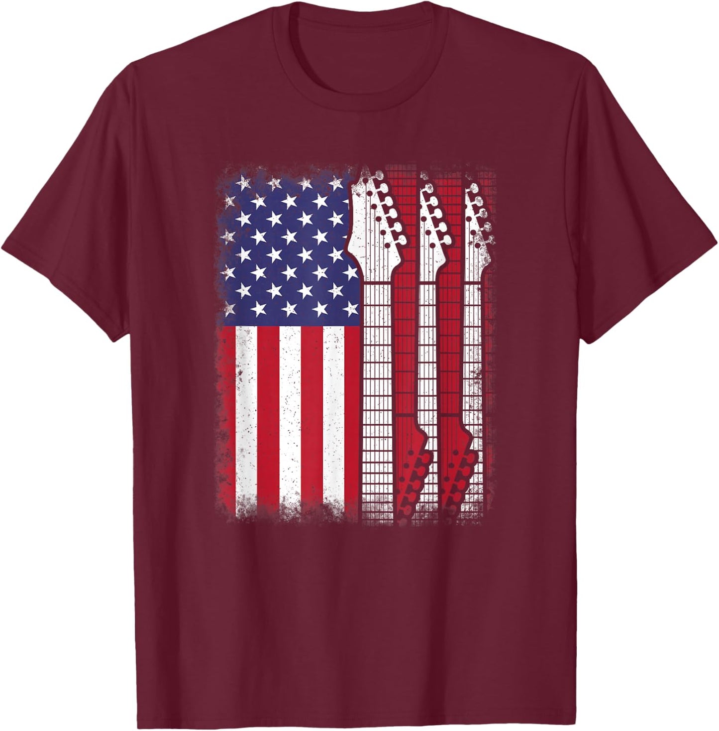 American Flag Electric Guitar Bass Guitarist Rock Music Men T-Shirt - T-Shirt | Maroon