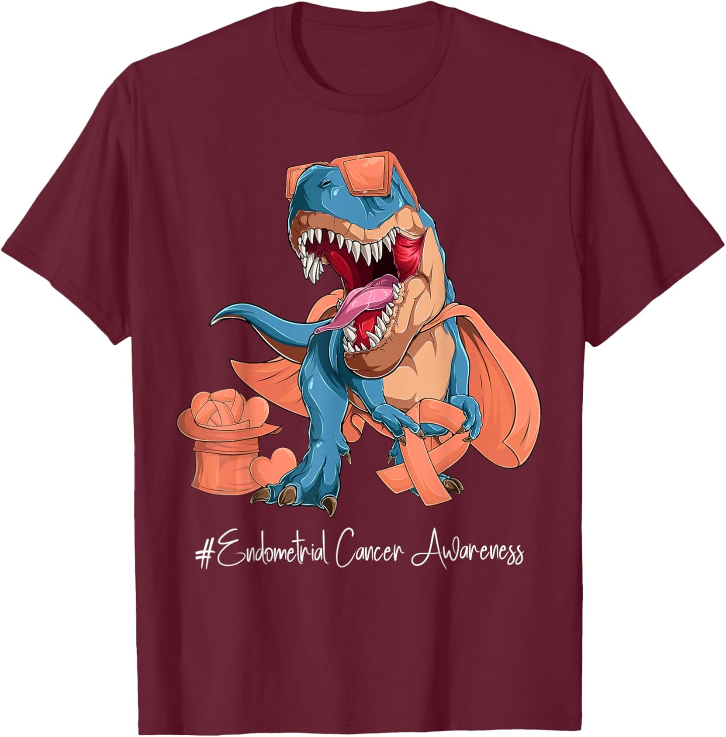 Endometrial Cancer Awareness Month Peach Ribbon Trex T-Shirt - T-Shirt | Maroon