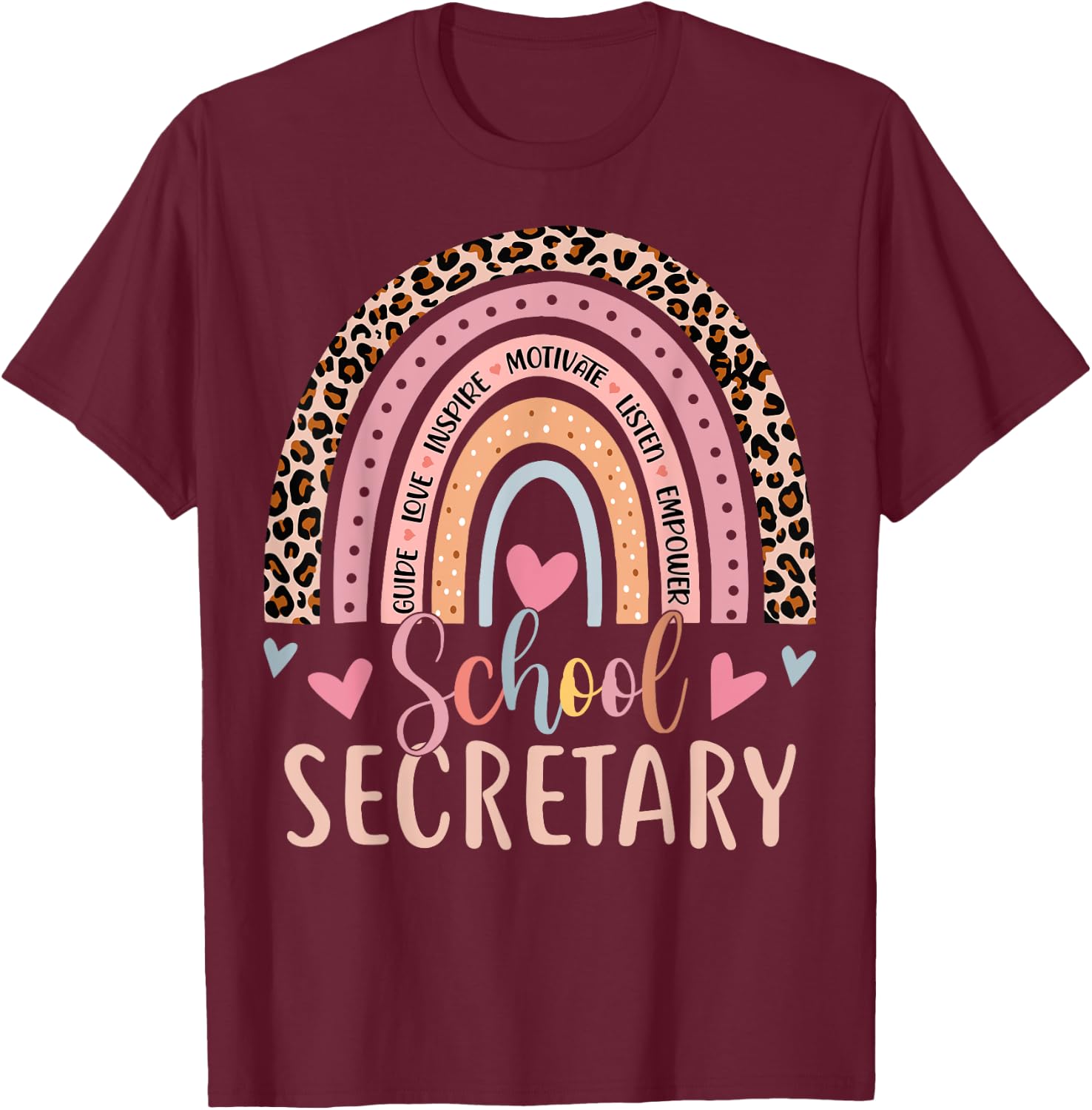 Funny School Secretary Rainbow Leopard Print Front Office T-Shirt - T-Shirt | Maroon
