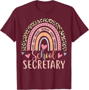 Funny School Secretary Rainbow Leopard Print Front Office T-Shirt - T-Shirt | Maroon