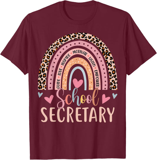 Funny School Secretary Rainbow Leopard Print Front Office T-Shirt - T-Shirt | Maroon