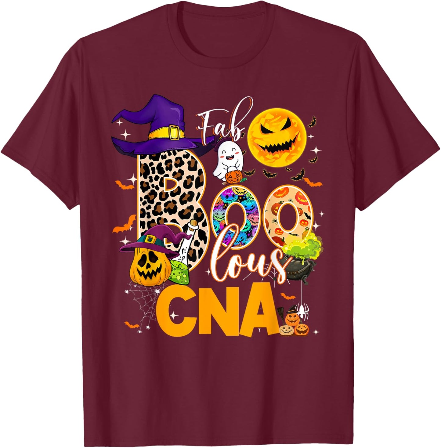 Fab Boo Lous CNA Nurse Nursing Halloween Leopard Pumpkin T-Shirt - T-Shirt | Maroon