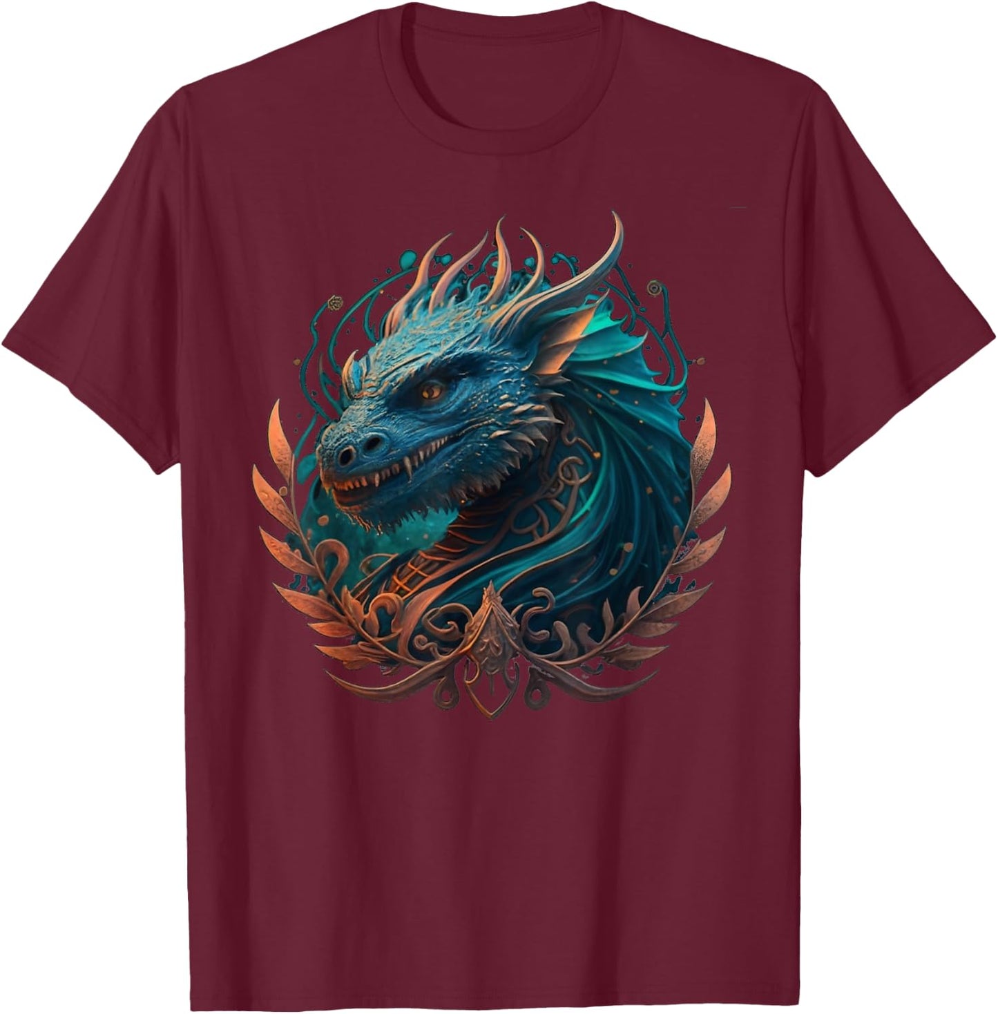 Mystical dragons head with curlicues in turquoise, drawing T-Shirt - T-Shirt | Maroon