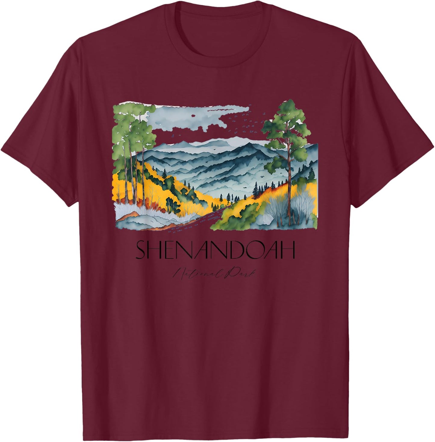 Cool Shenandoah National Park Hiking Watercolor Graphic T-Shirt - T-Shirt | Maroon