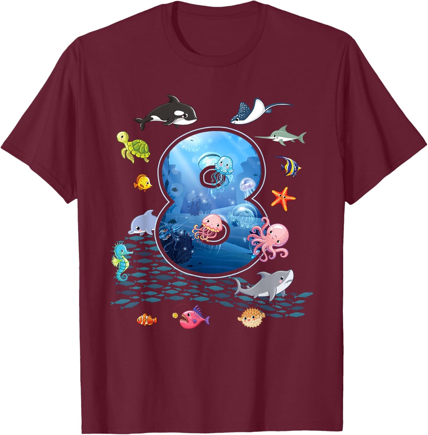 8th Birthday Aquarium Sea Aquatic Animals Lover Boys Girls T-Shirt - T-Shirt | Maroon