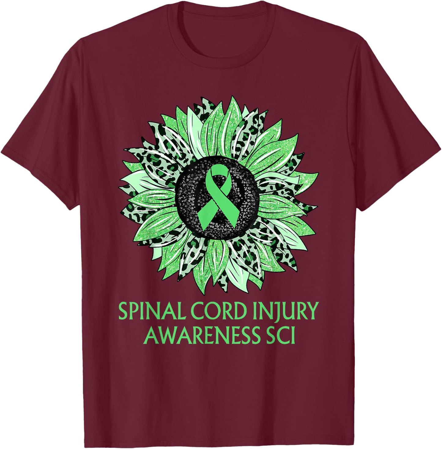 Leopard Sunflower Spinal Cord Injury Awareness SCI Green T-Shirt - T-Shirt | Maroon