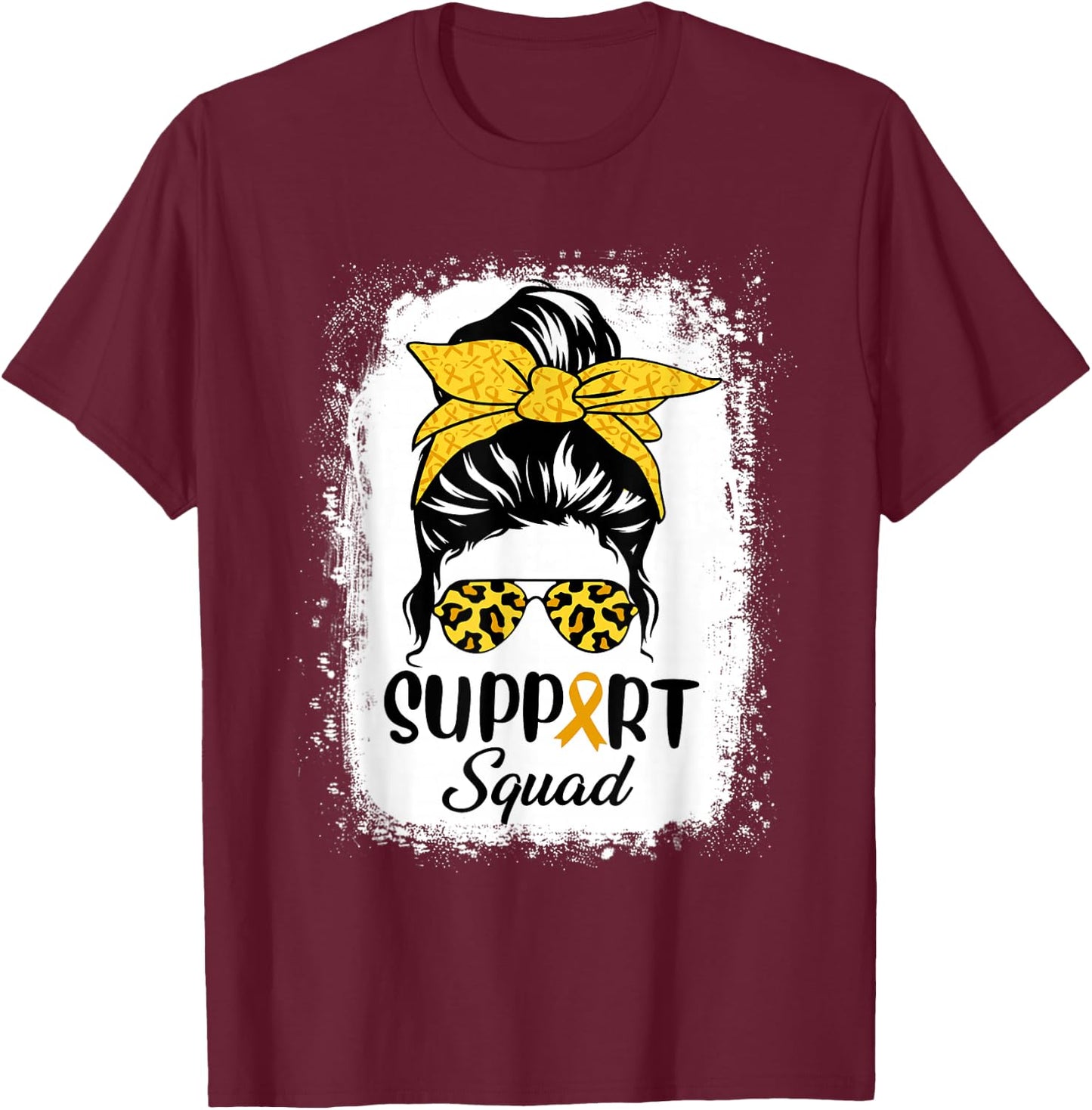 Messy Bun Glasses Support Squad Childhood Cancer Awareness T-Shirt - T-Shirt | Maroon