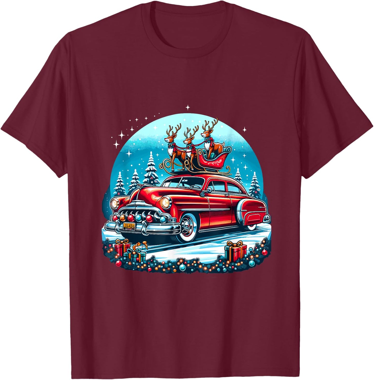 Holiday Roadtrip - Classic Car Christmas Tree T-Shirt - T-Shirt | Maroon