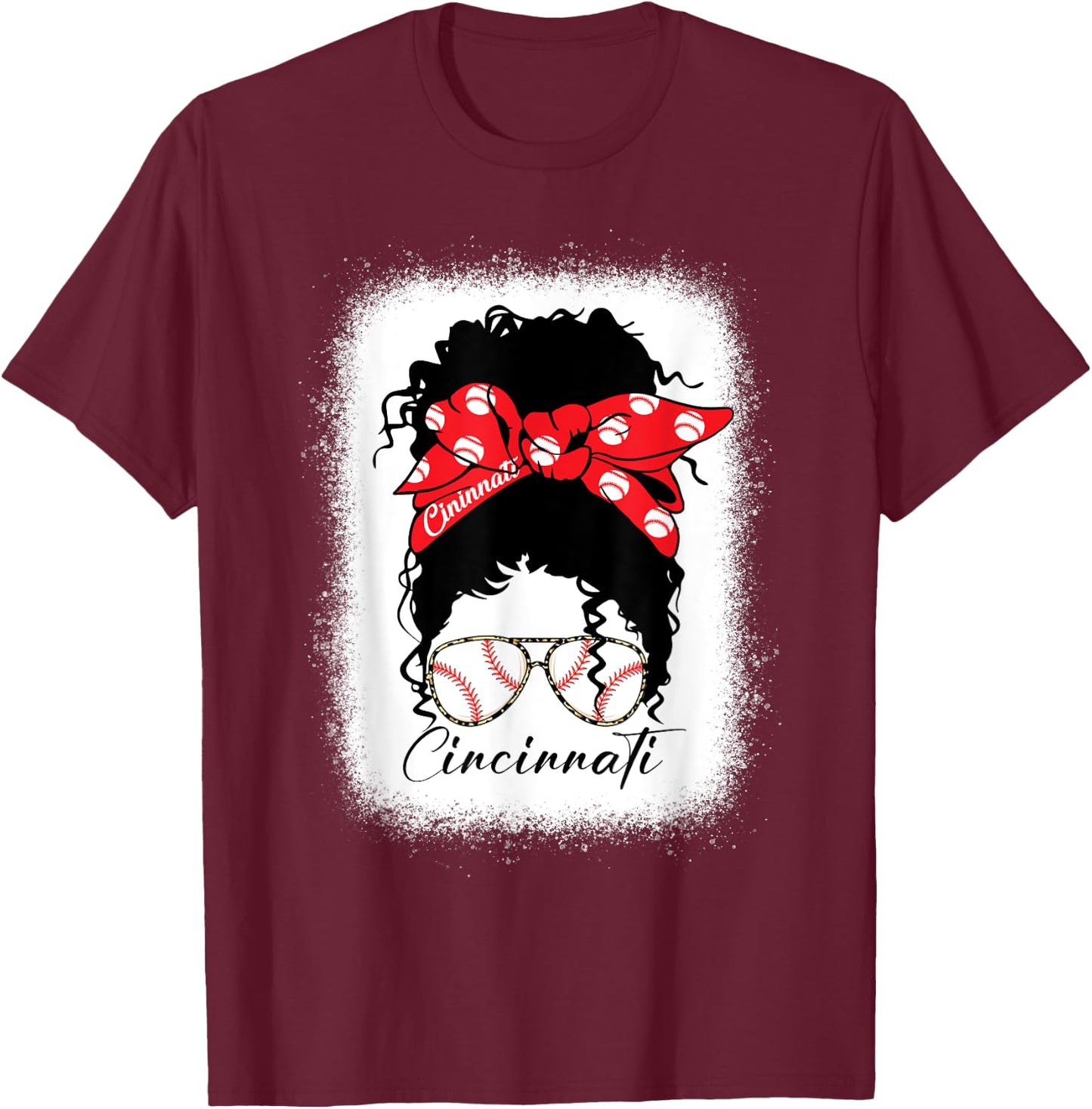 Cincinnati Messy Bun Bleached Baseball Fan I Love Cincinnati T-Shirt - T-Shirt | Maroon