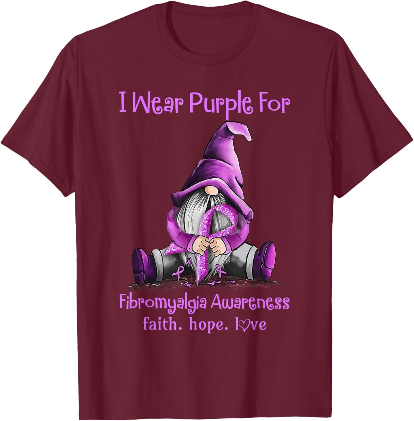 I Wear Purple Gnomes Ribbon Fibromyalgia Awareness T-Shirt - T-Shirt | Maroon