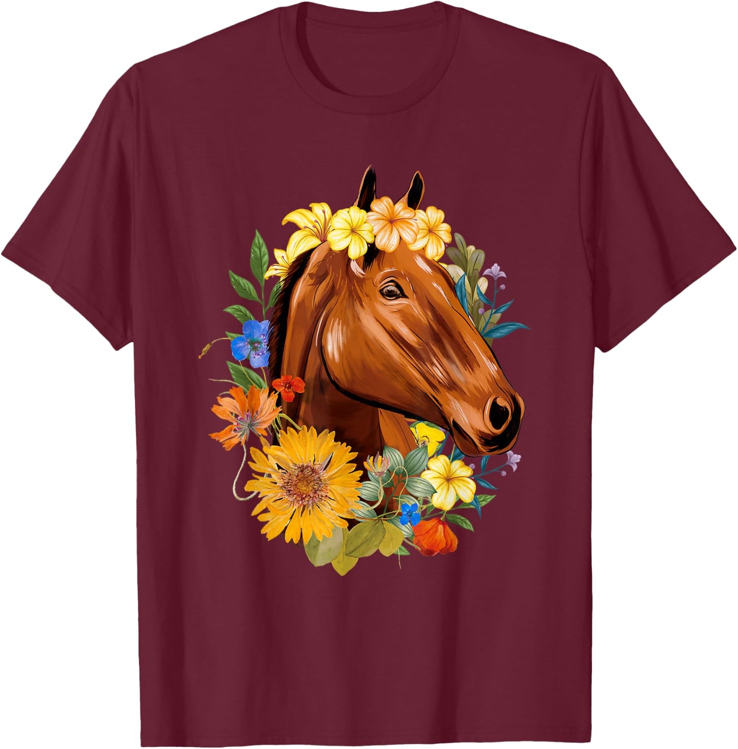 Floral Spring Horses - Animal Horse Rider Equestrian Lover T-Shirt - T-Shirt | Maroon