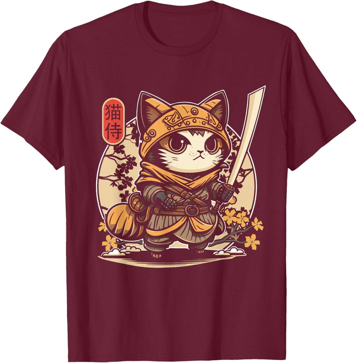 Japanese Samurai Cat Tattoo, Kawaii Ninja Cat T-Shirt - T-Shirt | Maroon
