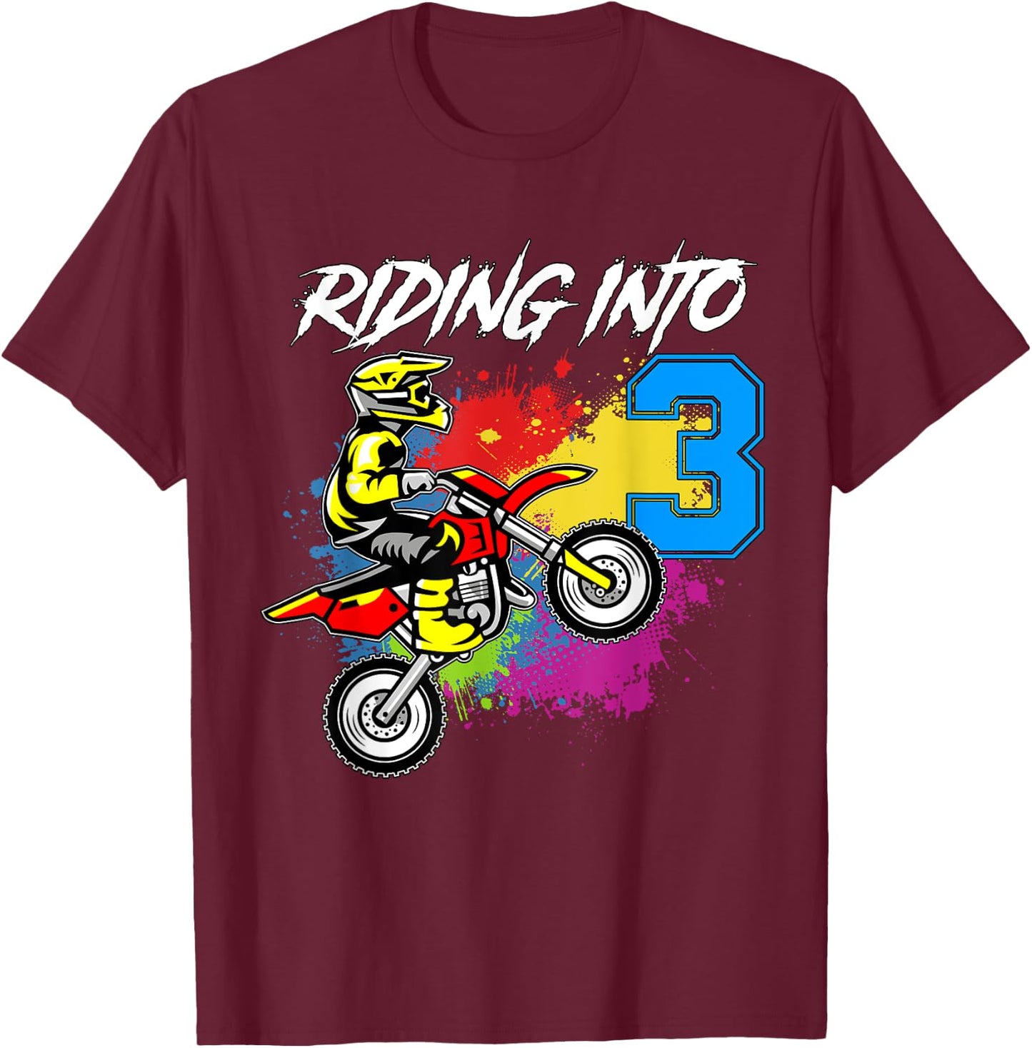 Riding Into 3 Years Old | 3rd Birthday Boy Dirt Bike Party T-Shirt - T-Shirt | Maroon