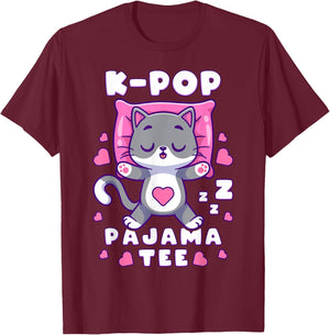 K-Pop Music Sleeping Cat K-Pop Pajamas T-Shirt - T-Shirt | Maroon