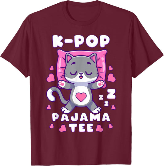 K-Pop Music Sleeping Cat K-Pop Pajamas T-Shirt - T-Shirt | Maroon