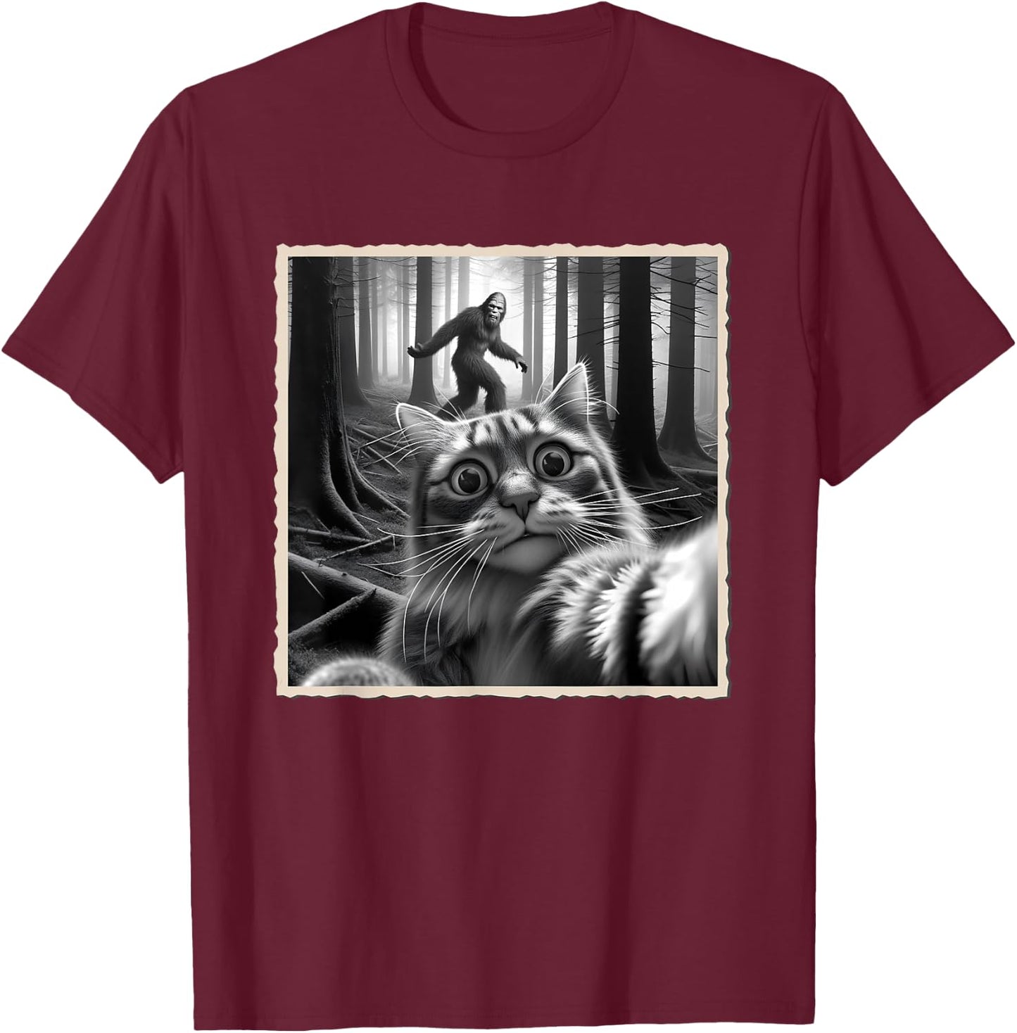 Funny Cat Selfie with Bigfoot, Sasquatch & Humor, Funny Cat T-Shirt - T-Shirt | Maroon
