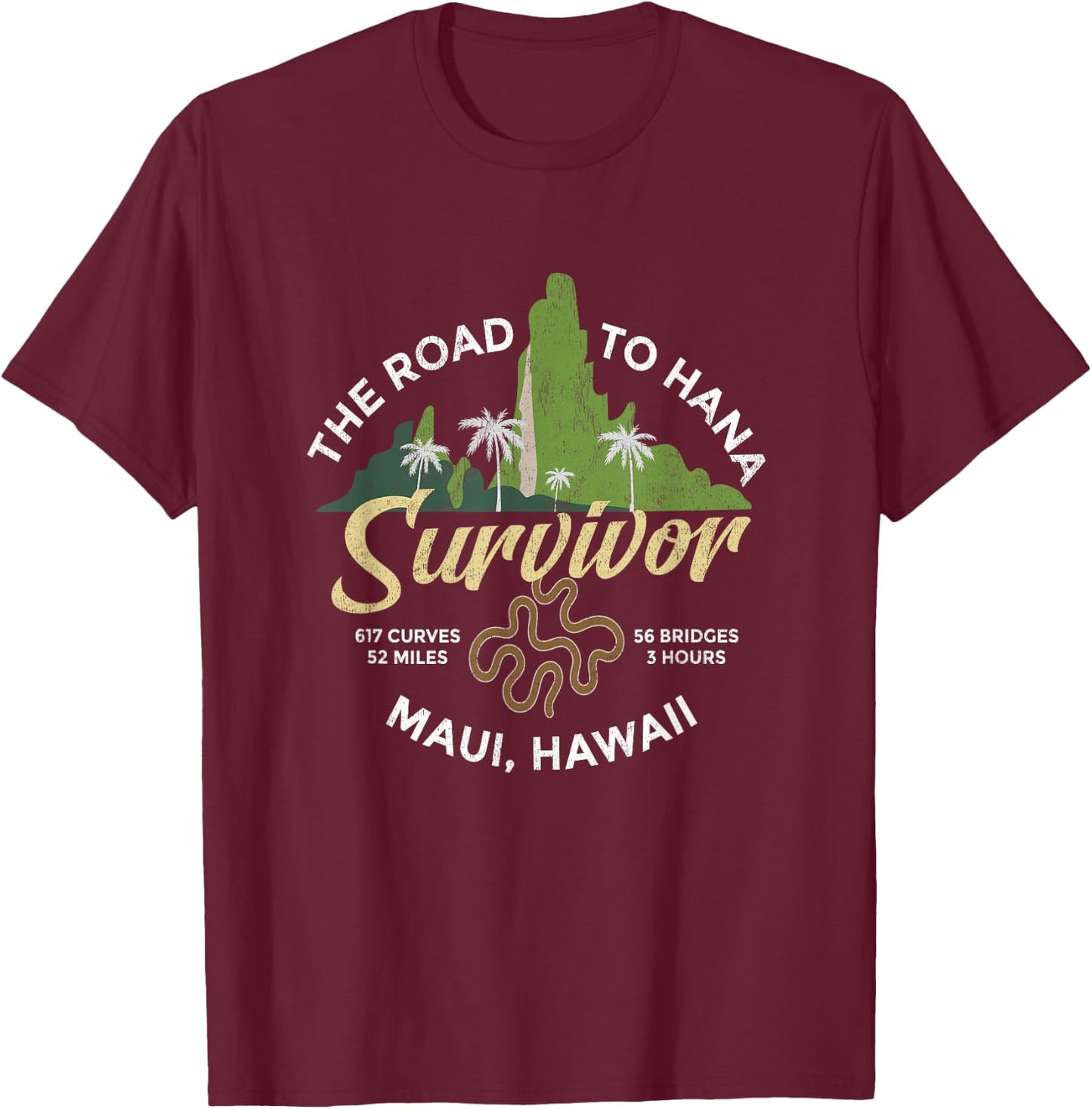 Road To Hana Survivor Curvy Palm Maui Hawaii T-Shirt - T-Shirt | Maroon