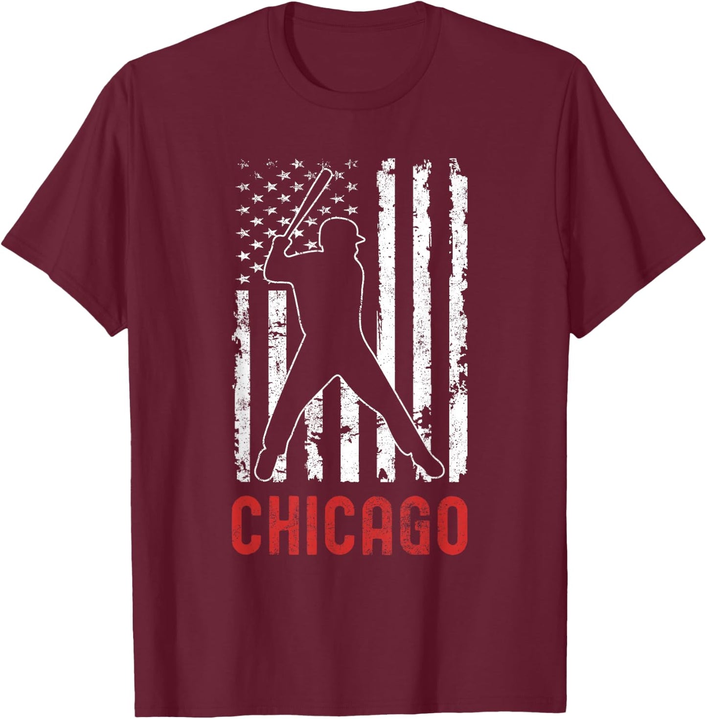 Chicago Illinois American Flag Baseball Weathered T-Shirt - T-Shirt | Maroon