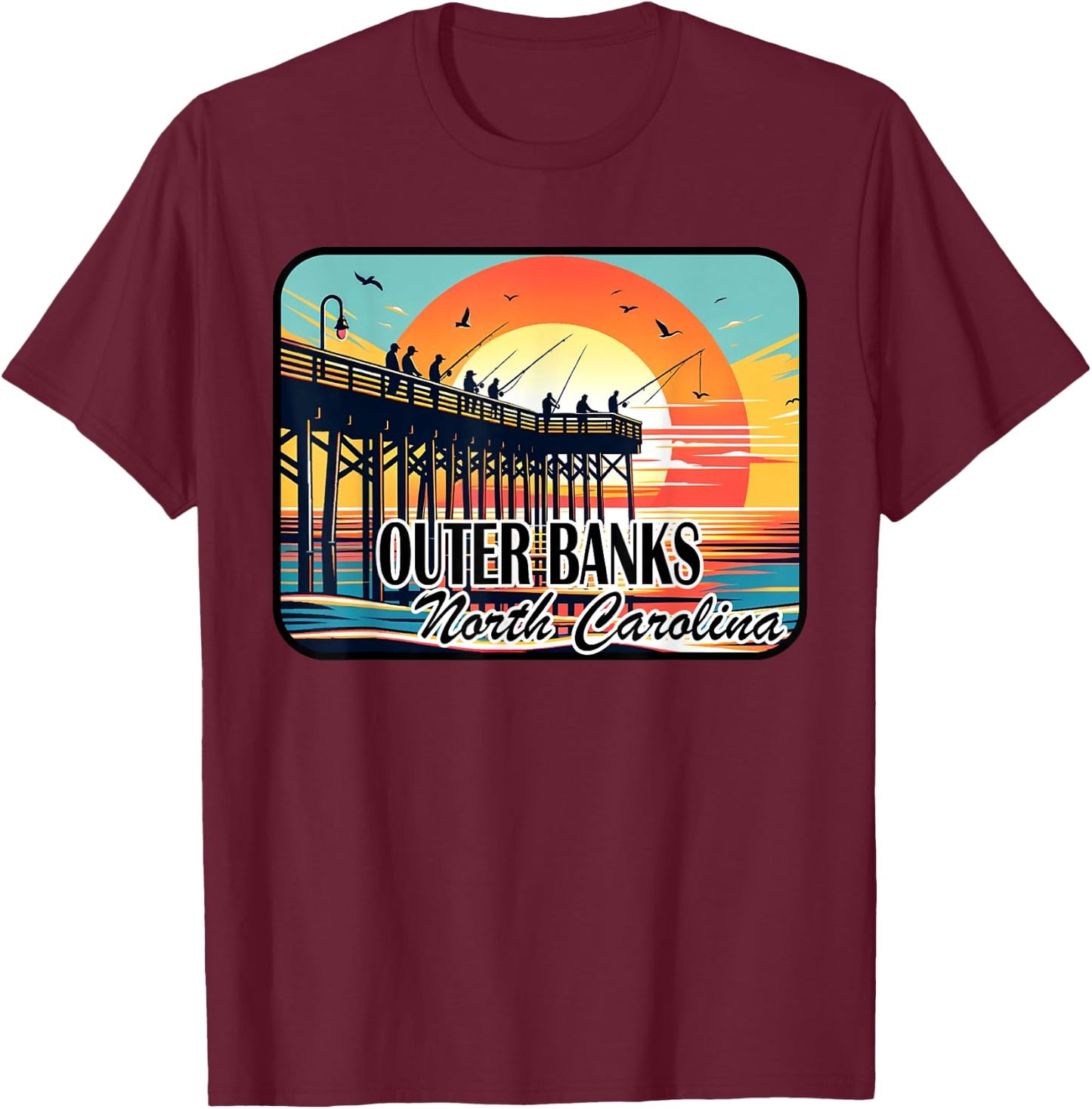 Outer Banks North Carolina Pier Fishing at Dawn Design T-Shirt - T-Shirt | Maroon