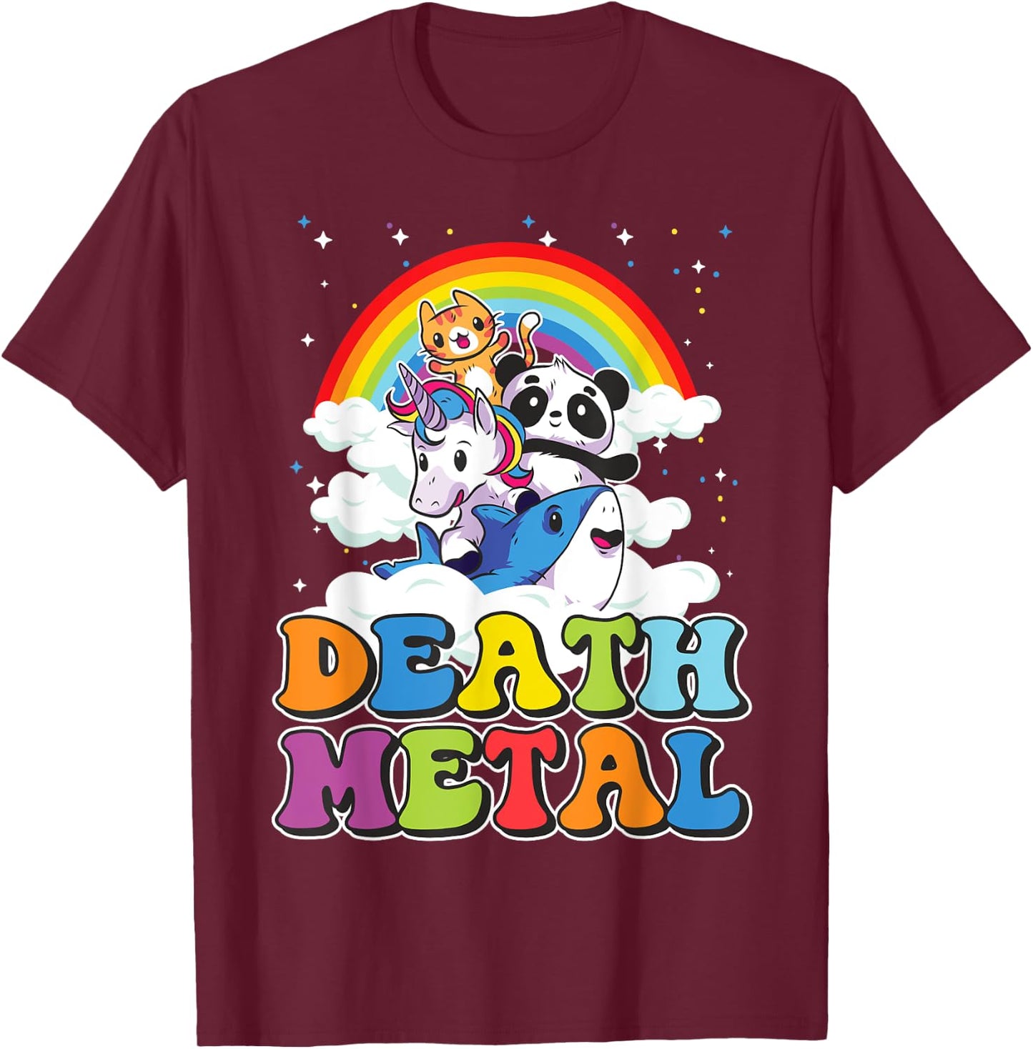 Retro Death Metal Cat Rainbow Unicorn Funny Heavy Metal T-Shirt - T-Shirt | Maroon