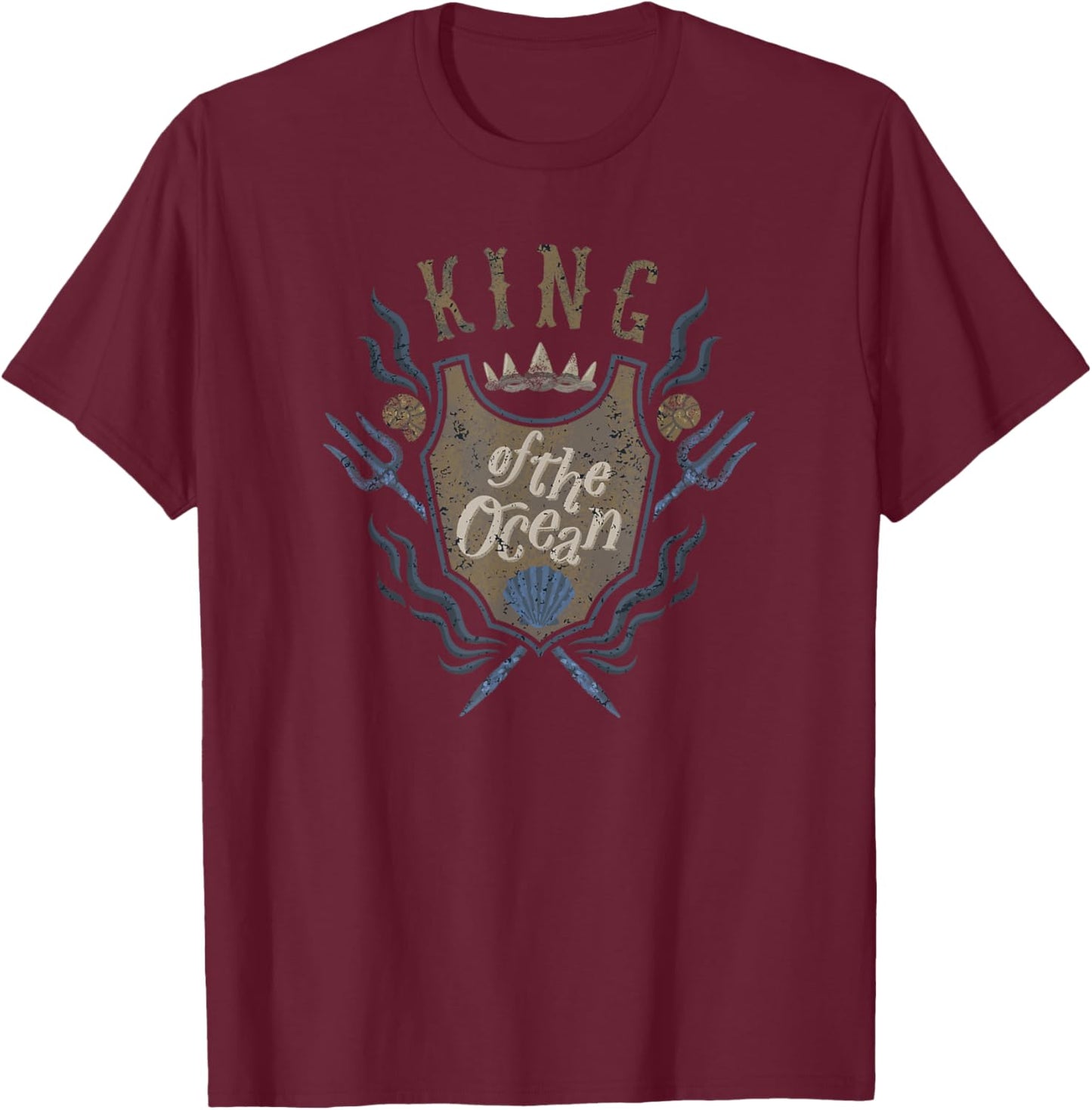 Disney The Little Mermaid King Of The Ocean Distressed Crest T-Shirt - T-Shirt | Maroon