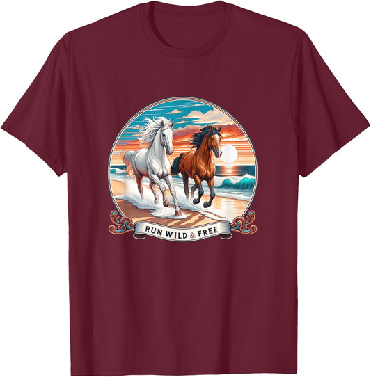 Run Wild And Free - Horses Running On Beach - Women Girls Kids T-Shirt - T-Shirt | Maroon
