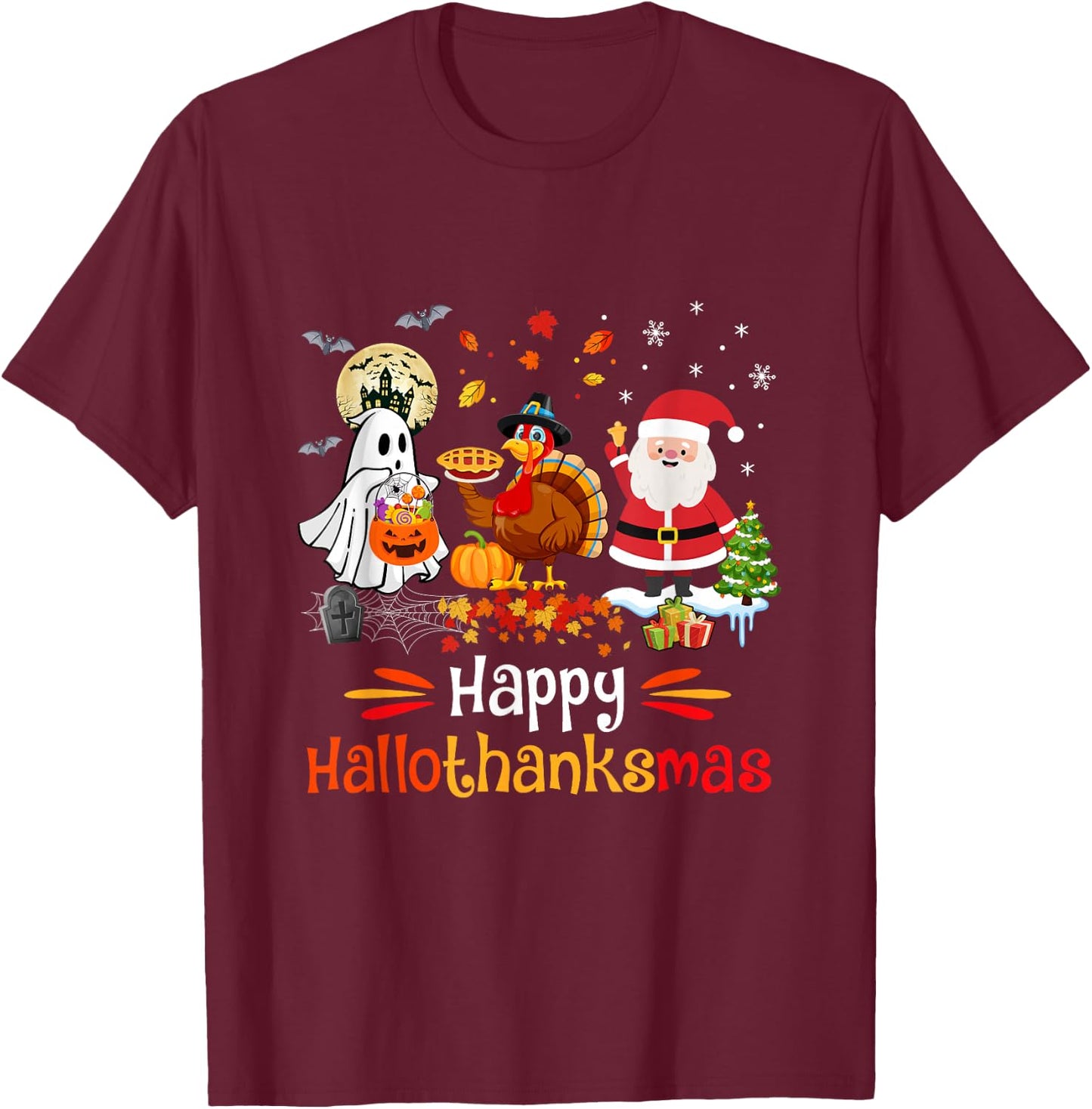 Happy Hallothanksmas Ghost Turkey Pumpkin Christmas Santa T-Shirt - T-Shirt | Maroon