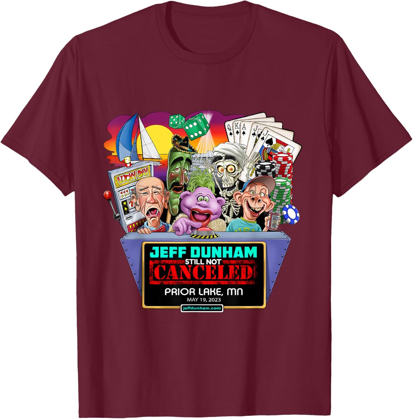 Jeff Dunham Prior Lake, MN (2023) T-Shirt - T-Shirt | Maroon