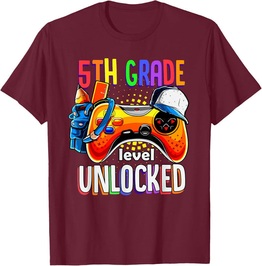 Gamer Back To School Gamepad 5th Fifth Grade Level Unlocked T-Shirt - T-Shirt | Maroon
