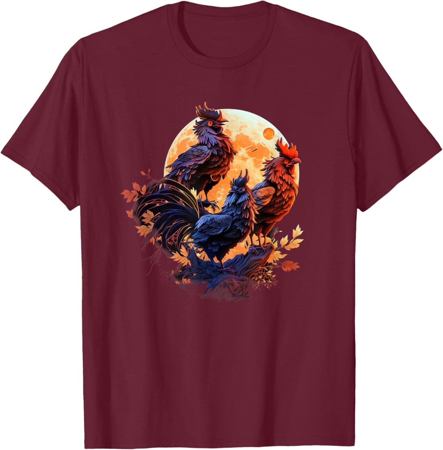 Aesthetic Rooster Howling At Moon T-Shirt - T-Shirt | Maroon