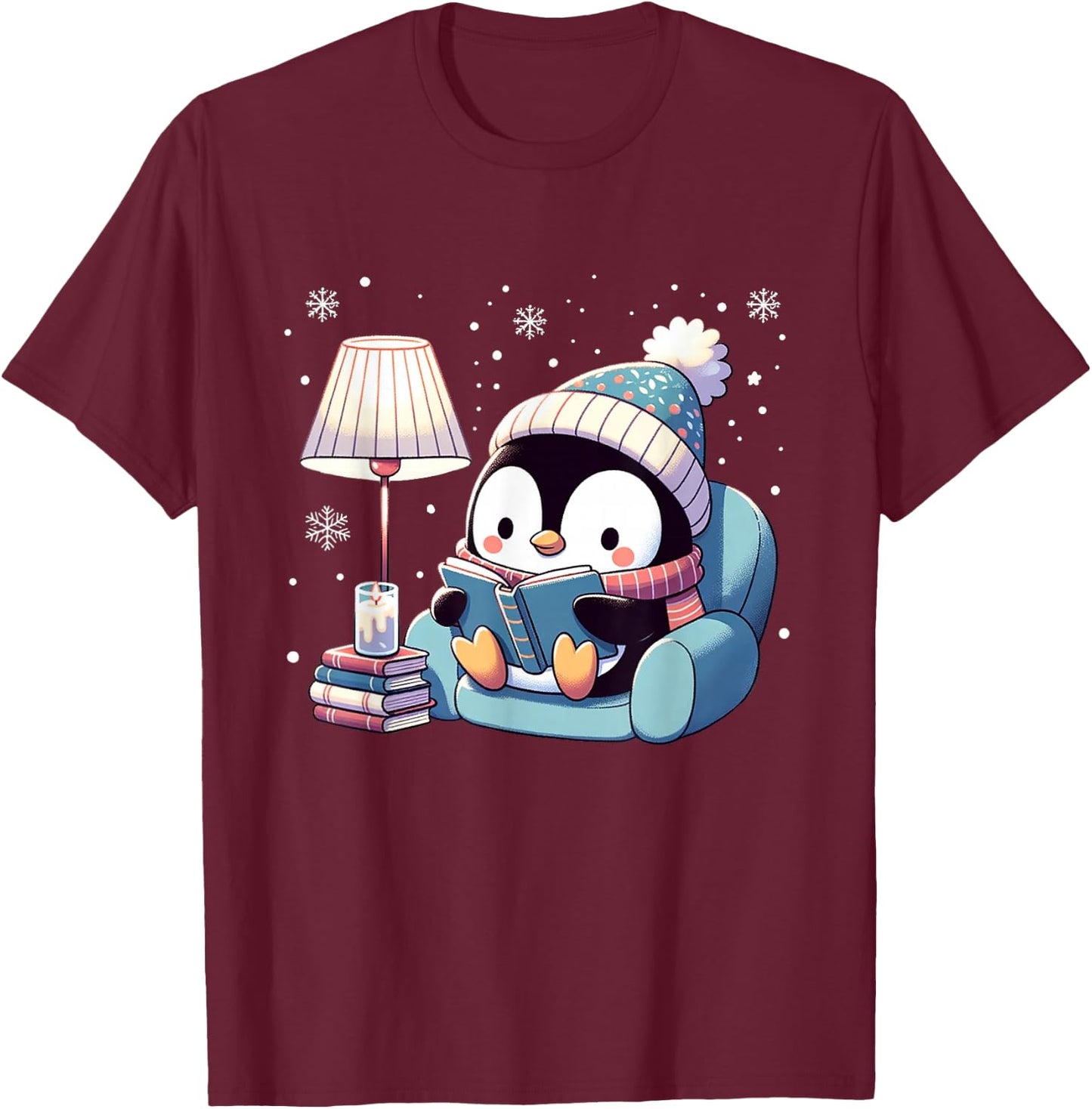 Cute Penguin Reading Kids Women Men Boys T-Shirt - T-Shirt | Maroon