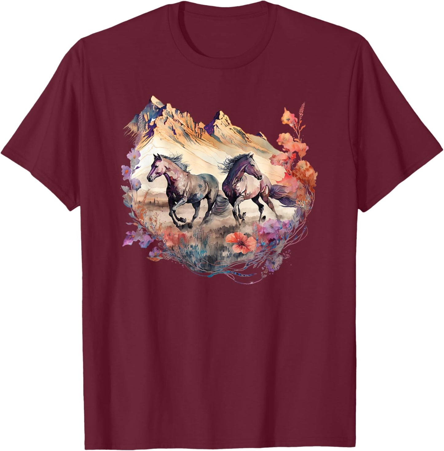 Horses Flowers Mountain Boho Western Southern Cowgirl T-Shirt - T-Shirt | Maroon