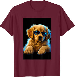 Cute Adorable Golden Retriever Puppy Sunglasses Digital Art T-Shirt - T-Shirt | Maroon