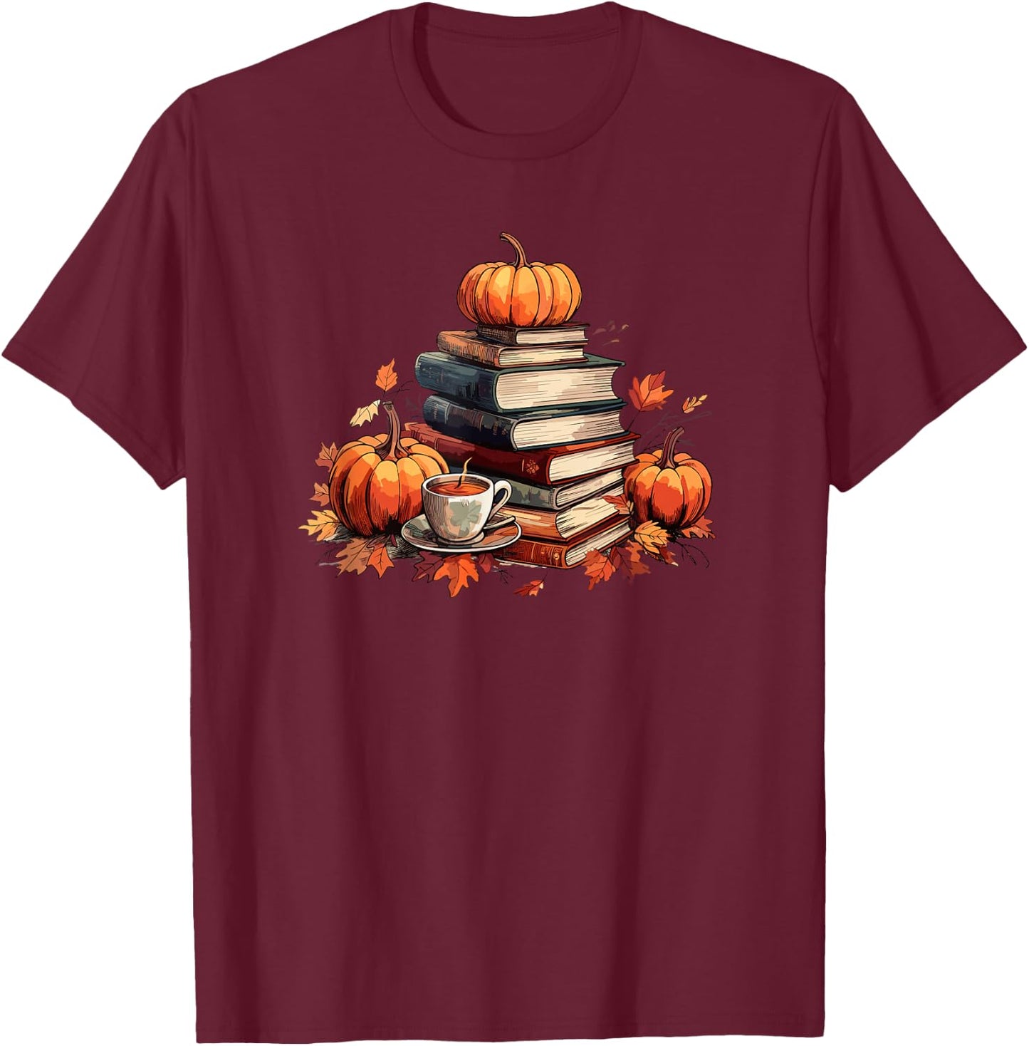 Books Coffee Fall Leaves and Pumpkins Vintage Library T-Shirt - T-Shirt | Maroon