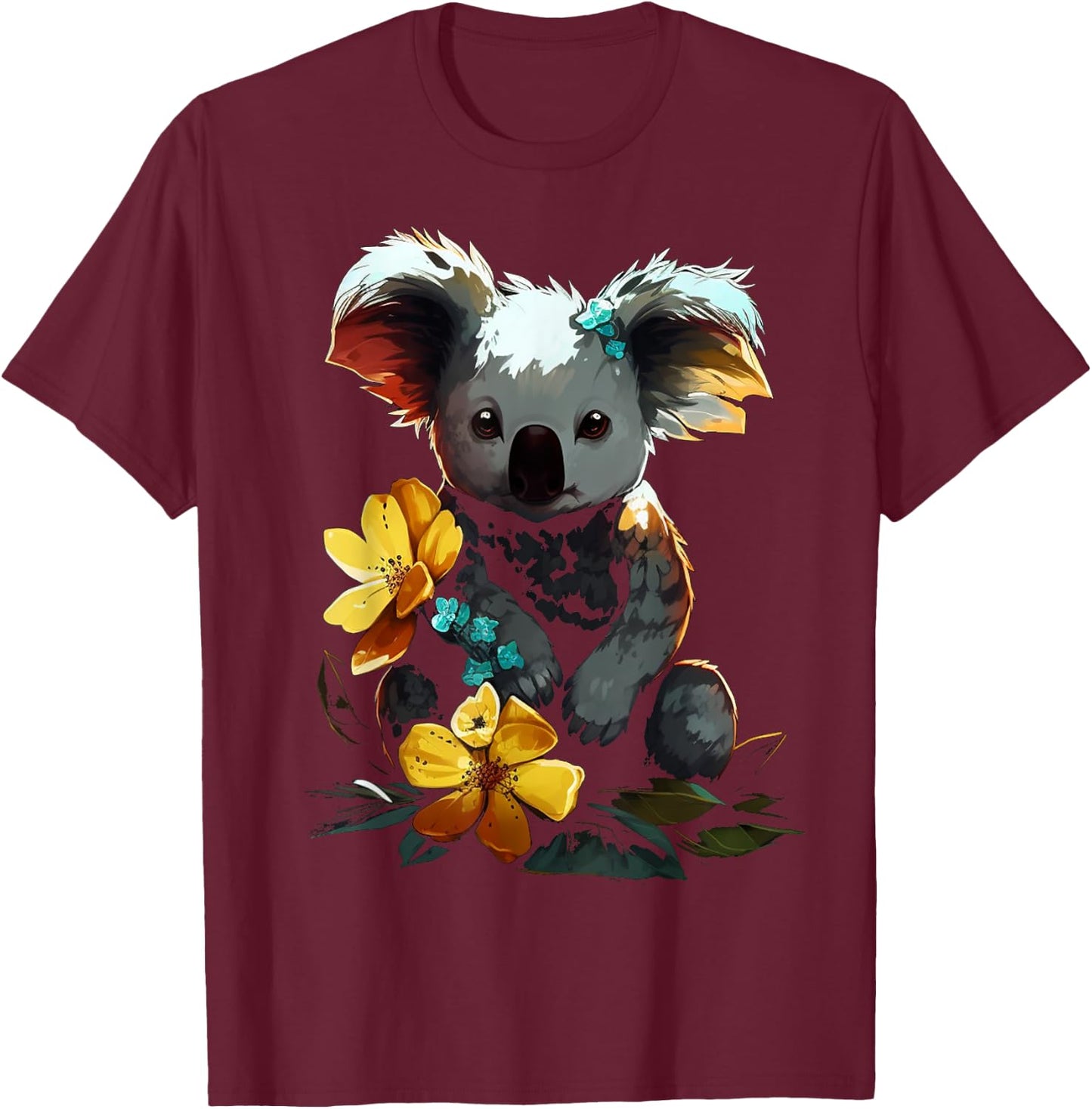 Koala Artwork - Flowers Animal Motif Art Koala T-Shirt - T-Shirt | Maroon