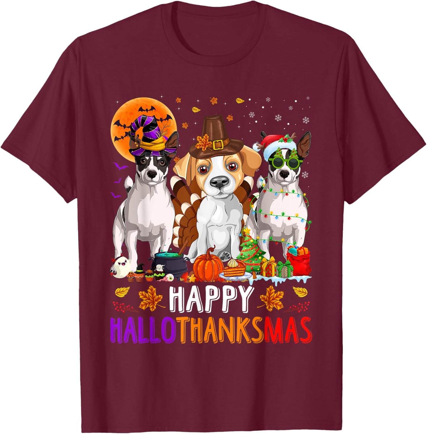Happy Hallothanksmas Jack Russell Terrier Dog Halloween Xmas T-Shirt - T-Shirt | Maroon