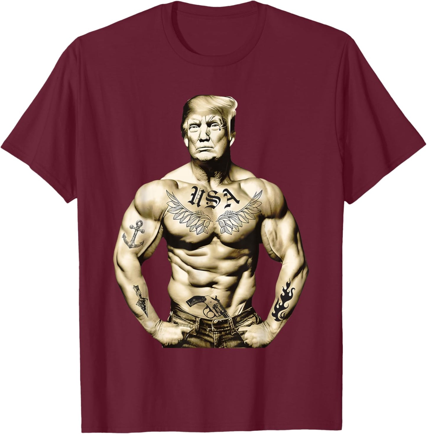 Funny Donald Trump Muscle Workout Tattoo Supporter 2024 T-Shirt - T-Shirt | Maroon