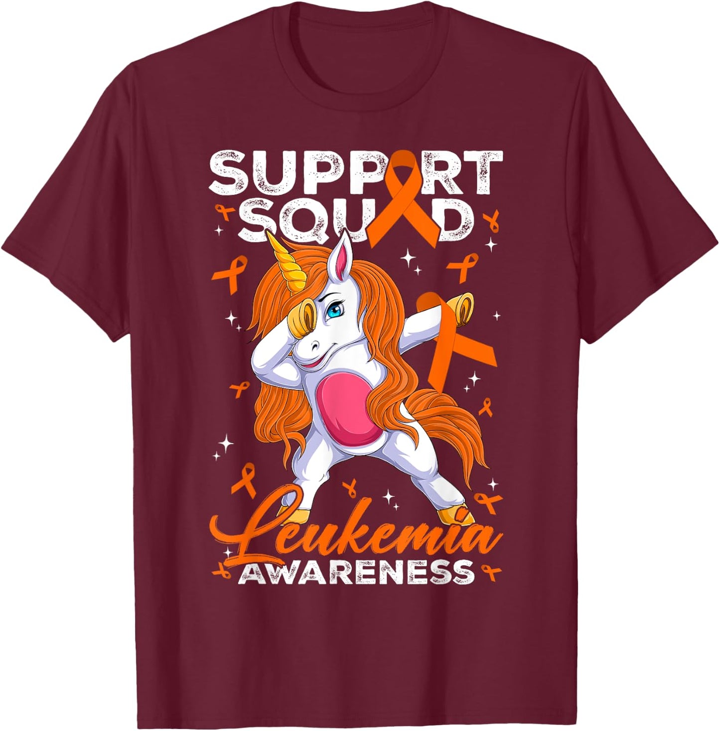 Support Squad Leukemia Awareness Unicorn With Orange Ribbon T-Shirt - T-Shirt | Maroon
