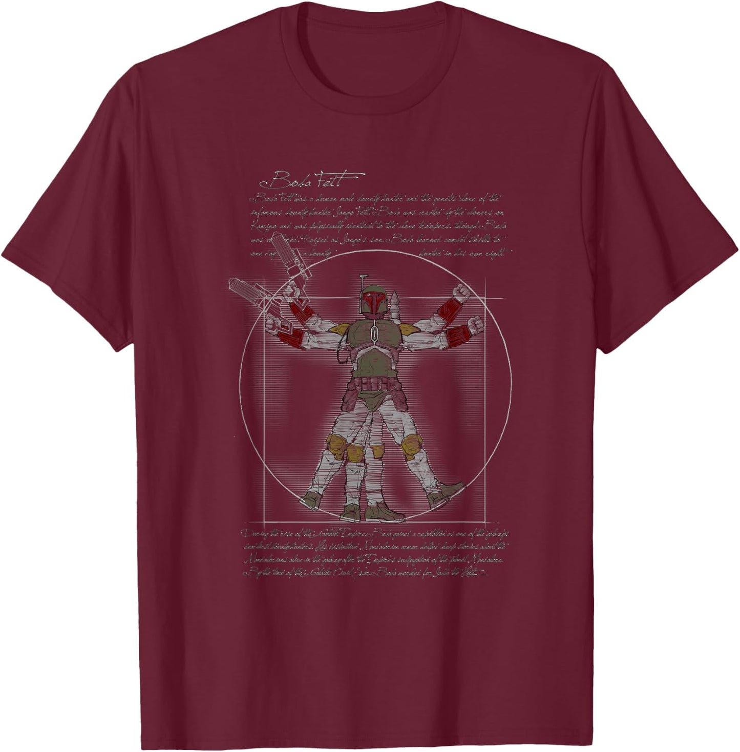 Star Wars Classic Boba Fett Vitruvian Man Vintage Portrait T-Shirt - T-Shirt | Maroon