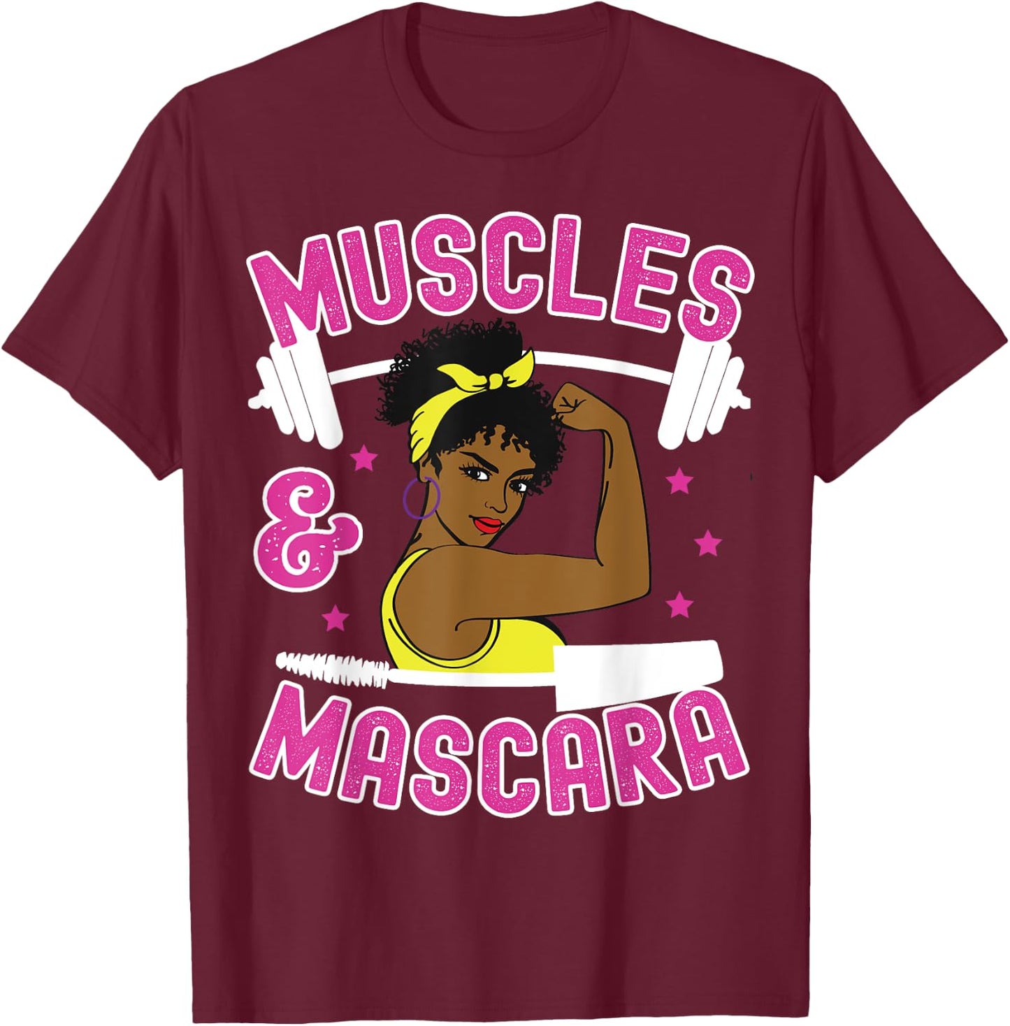 Muscles and Mascara Female Weight Lifter Gym Work Out Funny T-Shirt - T-Shirt | Maroon