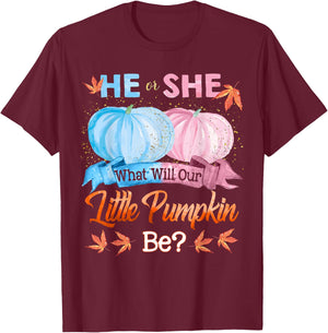 He or She What Will Our Little Pumpkin Be Autumn Baby Shower T-Shirt - T-Shirt | Maroon