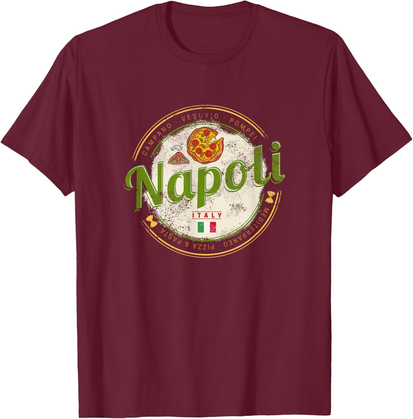 Naples Italy with Vesuvius and Pizza Vintage Souvenir T-Shirt - T-Shirt | Maroon