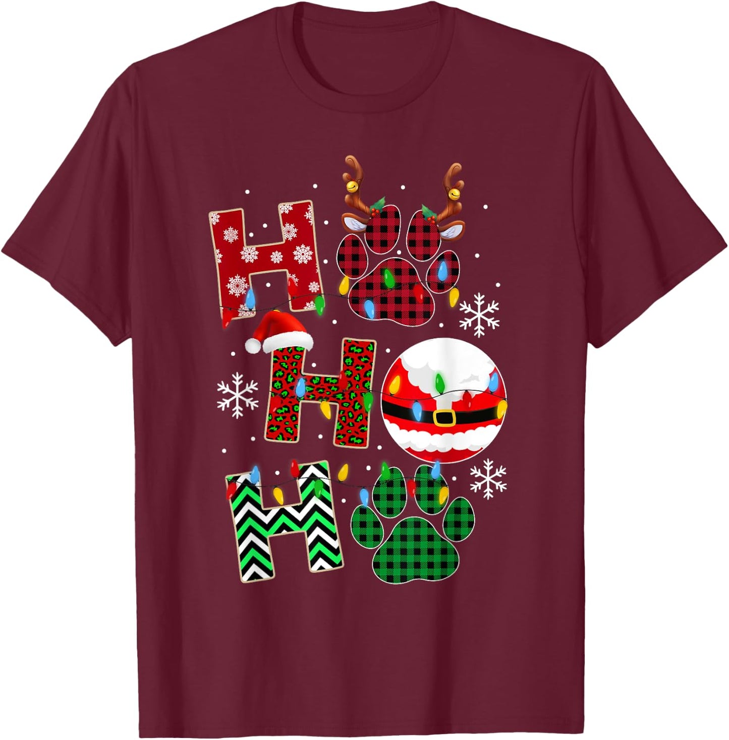HoHoHo Dog Paw Christmas Pajama Cute Holiday Dog Lovers Xmas Men Women Kids T-Shirt - T-Shirt | Maroon