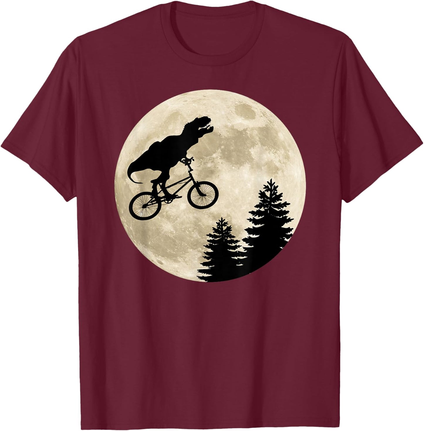 T-Rex Riding Against The Moon On A Bike T-Shirt - T-Shirt | Maroon