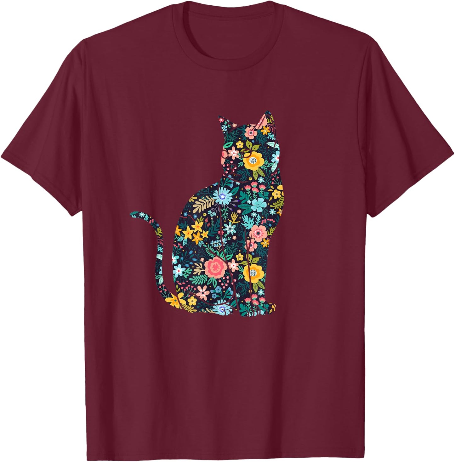 Floral Cat Silhouette Girls Graphic T-Shirt - T-Shirt | Maroon