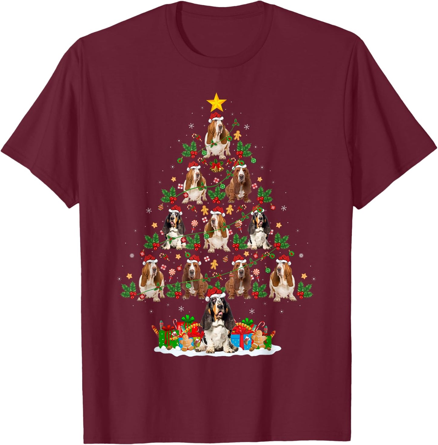 Lighting Xmas Holiday Santa Basset Hound Dog Christmas Tree T-Shirt - T-Shirt | Maroon