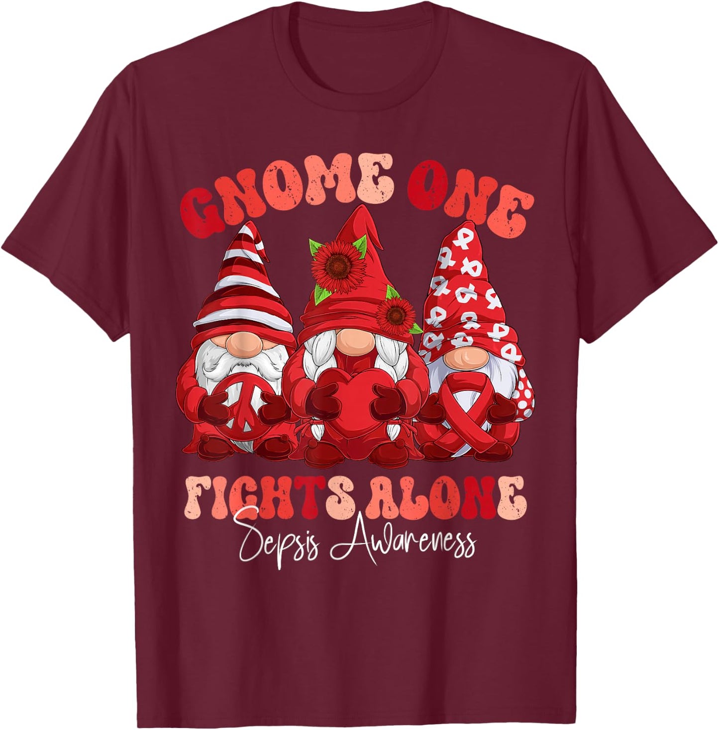 Sepsis Awareness Month Red Ribbon Gnomies T-Shirt - T-Shirt | Maroon