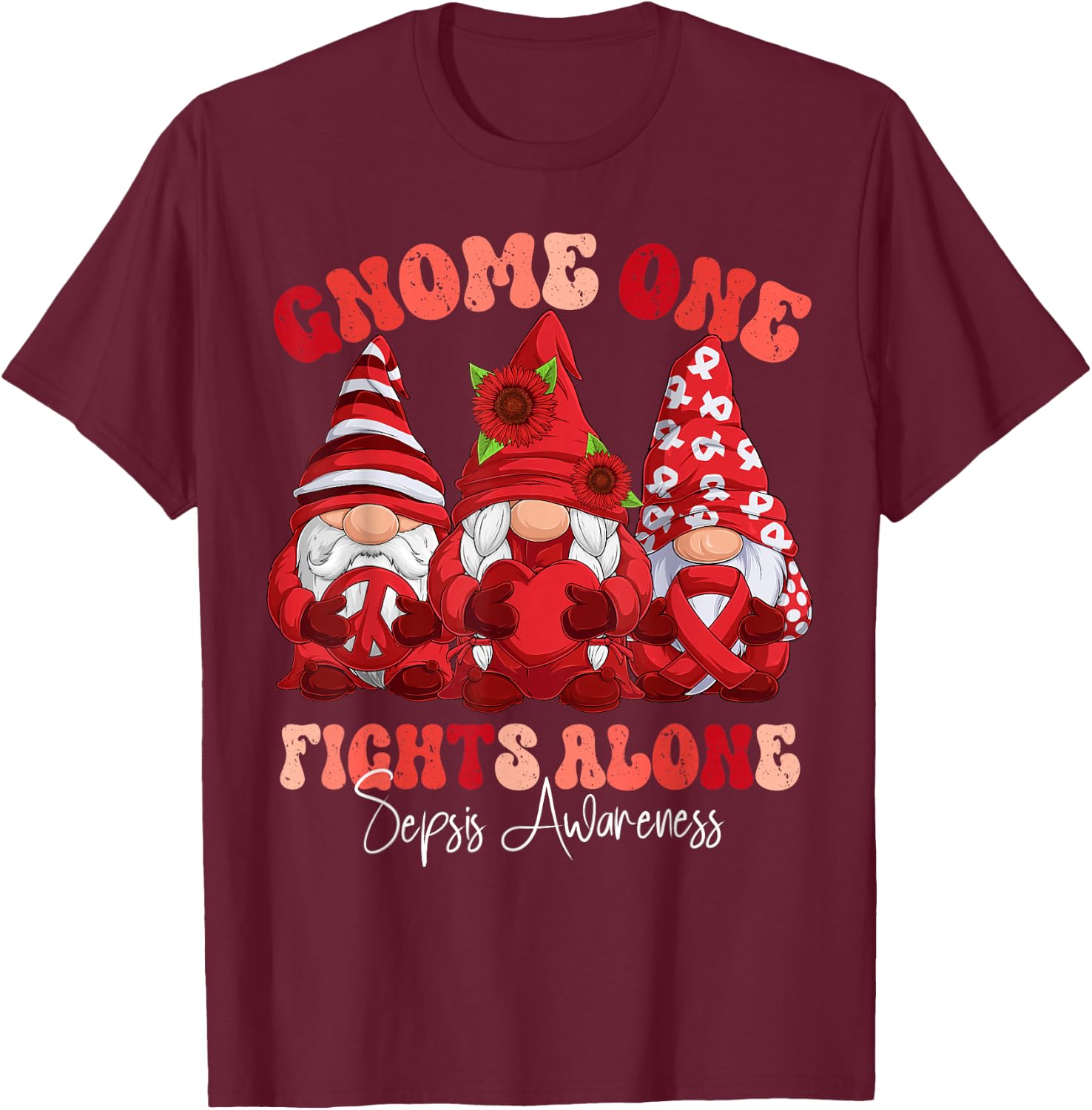 Sepsis Awareness Month Red Ribbon Gnomies T-Shirt - T-Shirt | Maroon