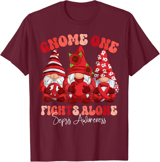 Sepsis Awareness Month Red Ribbon Gnomies T-Shirt - T-Shirt | Maroon