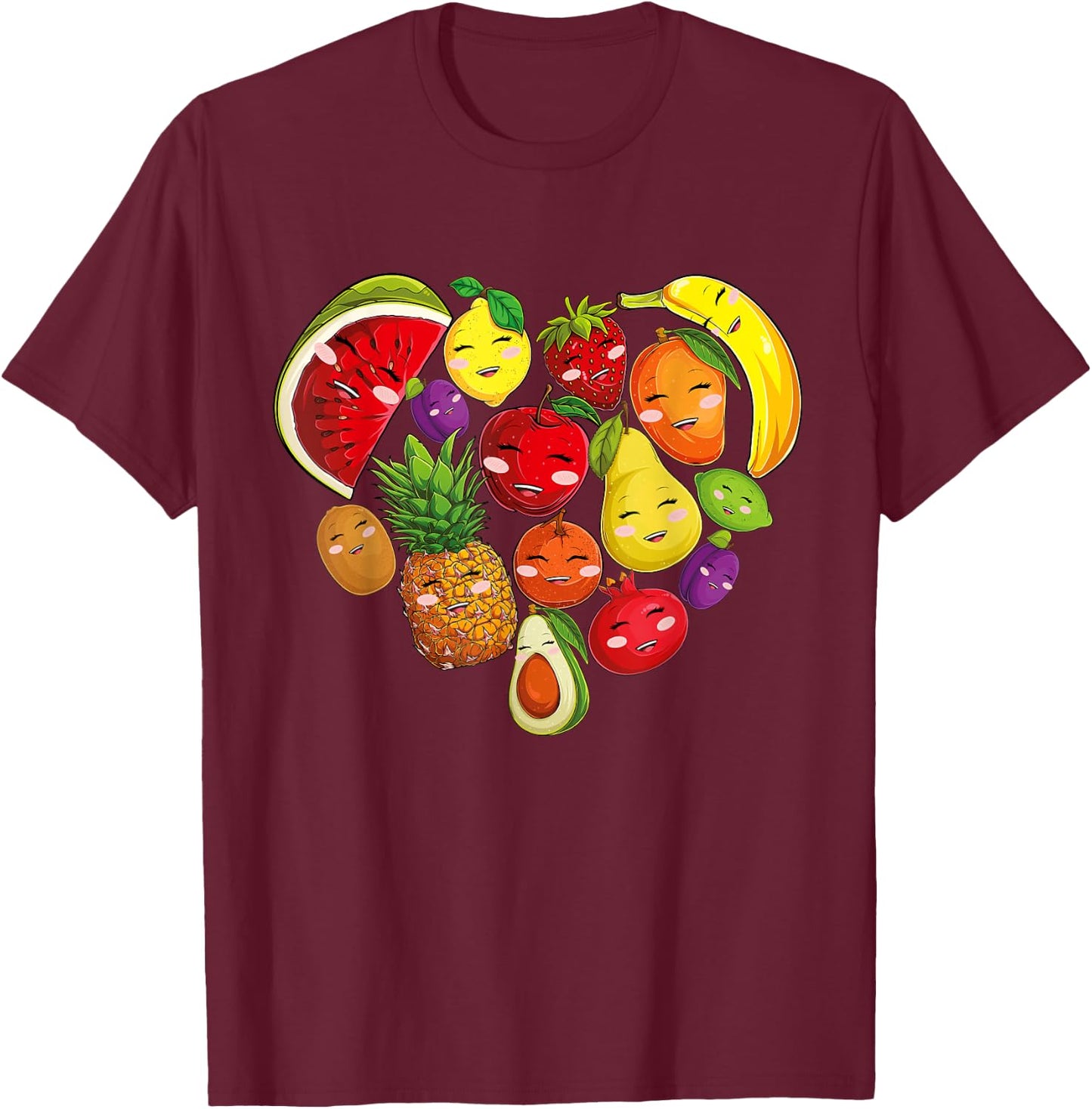 Funny Fruits Collage Cute Heart Fruit and Vegetables T-Shirt - T-Shirt | Maroon